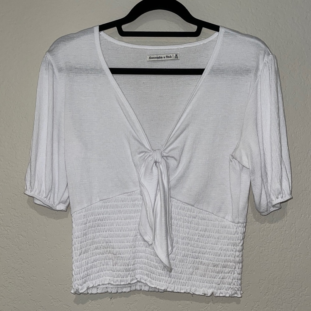 Abercrombie & Fitch Short Sleeve Smocked Tie-Front Top in White